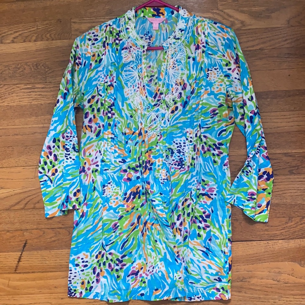 Lilly Pulitzer let’s cha cha blue beaded pin tucked tunic dress small